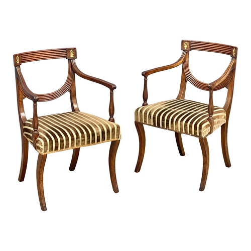 808 - A set of 8 good quality late Regency mahogany dining chairs with Reeded Splat backs and brass mounts... 