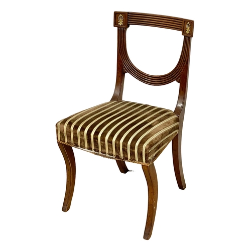 808 - A set of 8 good quality late Regency mahogany dining chairs with Reeded Splat backs and brass mounts... 