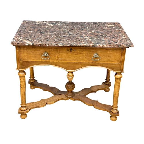 838 - A large late 19th century North European oak side table with marble top and drawer. Circa 1860-1880.... 