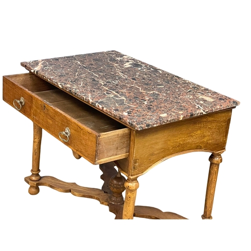 838 - A large late 19th century North European oak side table with marble top and drawer. Circa 1860-1880.... 