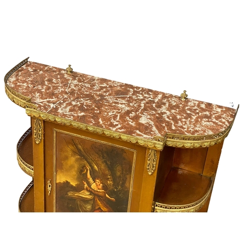 850 - A French 18th century style side cabinet with gilded brass ormolu mounts and printed panel. 76x31x11... 