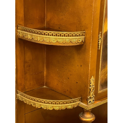 850 - A French 18th century style side cabinet with gilded brass ormolu mounts and printed panel. 76x31x11... 