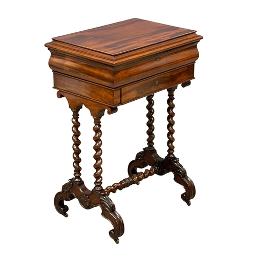 870 - An early Victorian mahogany work table with Barley Twist legs and stretcher support. Circa 1840. 50x... 