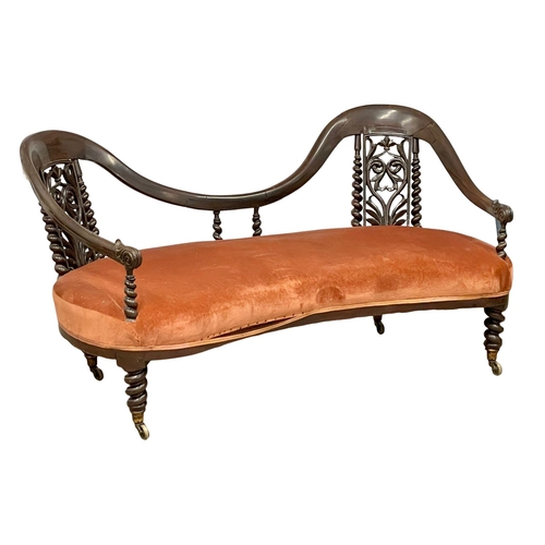 871 - A Victorian carved mahogany double end chaise lounge with Barley Twist supports and legs, on brass c... 