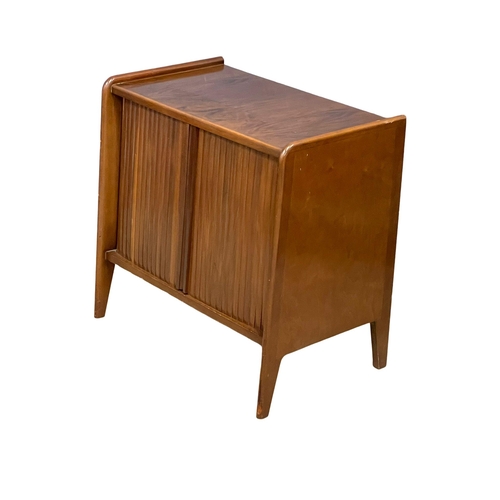 897 - A Mid Century walnut record cabinet with tambour doors. 1950-1960 70.5x38.5x66.5cm. (2)