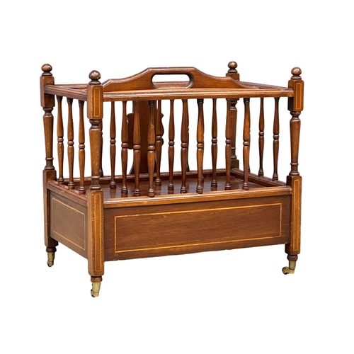 915 - A good quality Georgian style inlaid mahogany Canterbury with drawer on brass cup casters. 56x36x53c... 