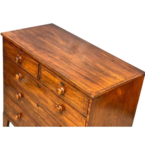 921 - A good quality George IV inlaid mahogany chest of drawers, with original Bun Handles on splayed brac... 