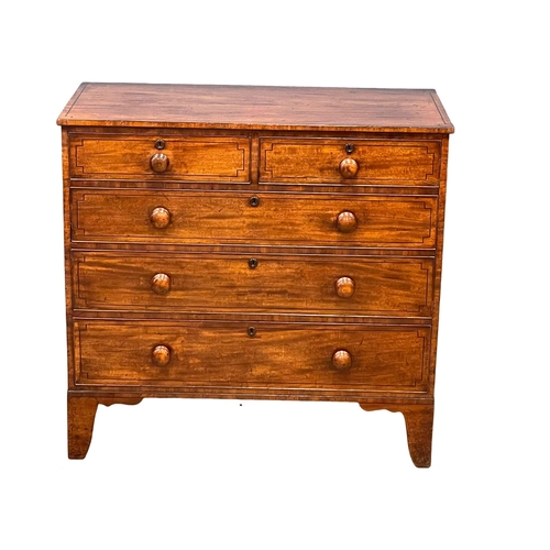 921 - A good quality George IV inlaid mahogany chest of drawers, with original Bun Handles on splayed brac... 