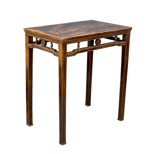 945 - A vintage Chinese Elm table and 4 stools. 100x65x113cm (12)