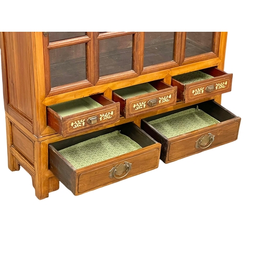 951 - A vintage Chinese faux ivory inlaid and Elm side cabinet with 5 drawers and 2 glazed doors. 95.5x32.... 