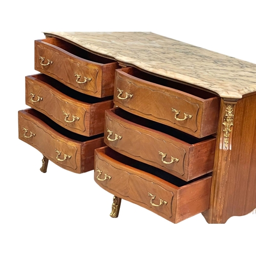 962 - A French Louis XV style chest of 6 drawers with marble top and gilded brass ormolu mounts. 125x43x77... 