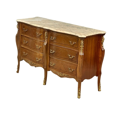 962 - A French Louis XV style chest of 6 drawers with marble top and gilded brass ormolu mounts. 125x43x77... 