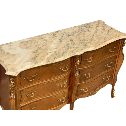 962 - A French Louis XV style chest of 6 drawers with marble top and gilded brass ormolu mounts. 125x43x77... 