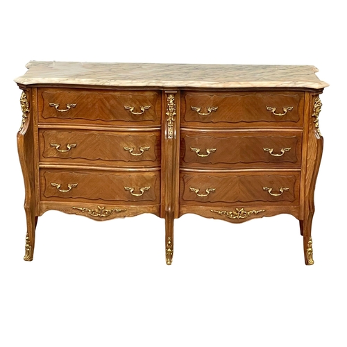 962 - A French Louis XV style chest of 6 drawers with marble top and gilded brass ormolu mounts. 125x43x77... 