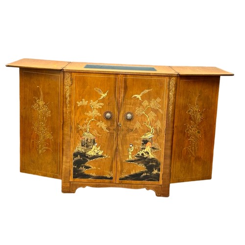 904 - A vintage Chinese style Chinoiserie folding bar with Birdseye Maple top. 182x43.5x104.5cm (5)