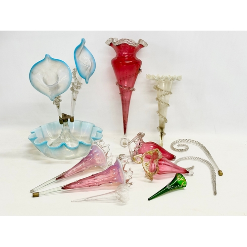 4 - A Victorian epergne and parts. A pair of Victorian Cranberry and Vaseline Glass epergne branches 30c... 