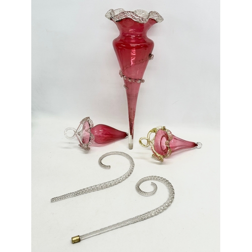 4 - A Victorian epergne and parts. A pair of Victorian Cranberry and Vaseline Glass epergne branches 30c... 