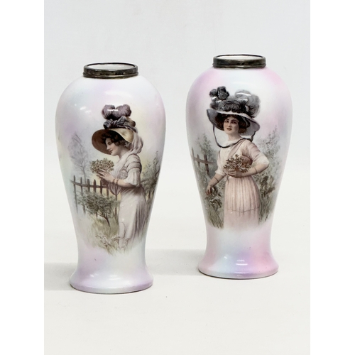 76 - A pair of Edwardian period silver mounted vases by Henry Perkins & Son. 1910-1915. 14.5cm