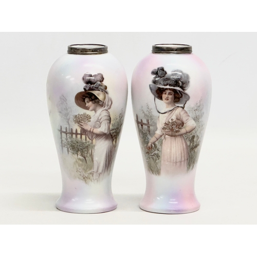 76 - A pair of Edwardian period silver mounted vases by Henry Perkins & Son. 1910-1915. 14.5cm