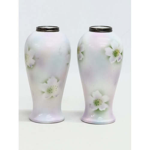 76 - A pair of Edwardian period silver mounted vases by Henry Perkins & Son. 1910-1915. 14.5cm