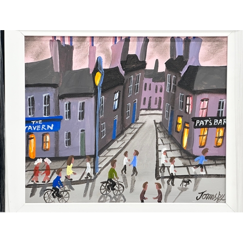 80 - An oil painting on board by John Ormsby. Pat’s Bar and The Tavern. 29.5x24.5cm. Frame 42.5x37.5cm.