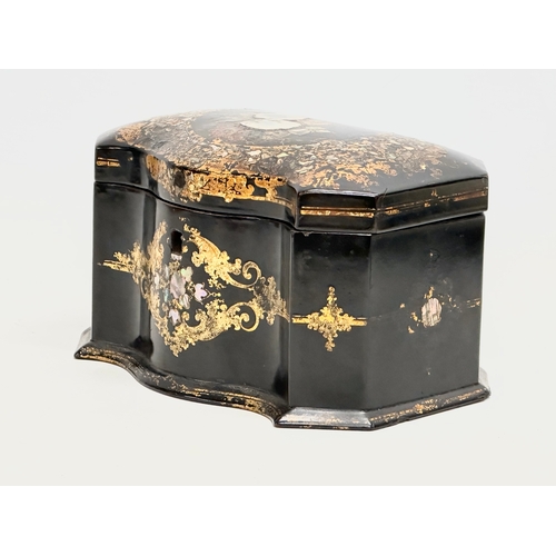 17 - A mid 19th century Jennens & Bettridge gilt and Mother of Pearl inlaid lacquered tea caddy with orig... 