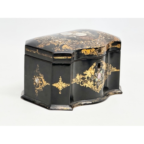 17 - A mid 19th century Jennens & Bettridge gilt and Mother of Pearl inlaid lacquered tea caddy with orig... 