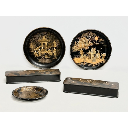 19 - A collection of late 19th century Japanese gilt painted lacquerware. A pair of long lidded boxes 27x... 