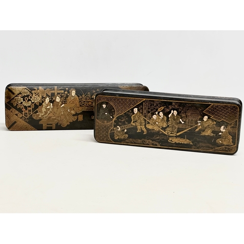 19 - A collection of late 19th century Japanese gilt painted lacquerware. A pair of long lidded boxes 27x... 