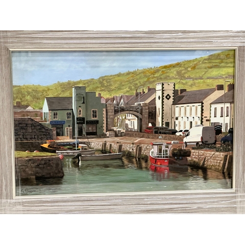 106 - A good quality oil painting on board by Keith Glasgow. Carnlough Harbour. In new frame. 44x29cm. Fra... 