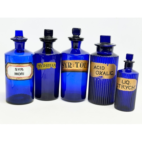 112 - 5 Victorian Bristol Blue chemist bottles. 24cm