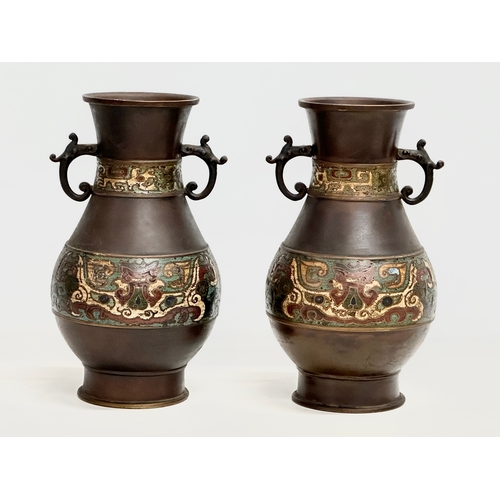 126 - A pair of good quality late 19th century Japanese late Meiji period bronze vases with cloisonné enam... 