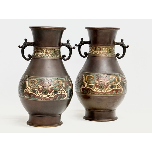 126 - A pair of good quality late 19th century Japanese late Meiji period bronze vases with cloisonné enam... 