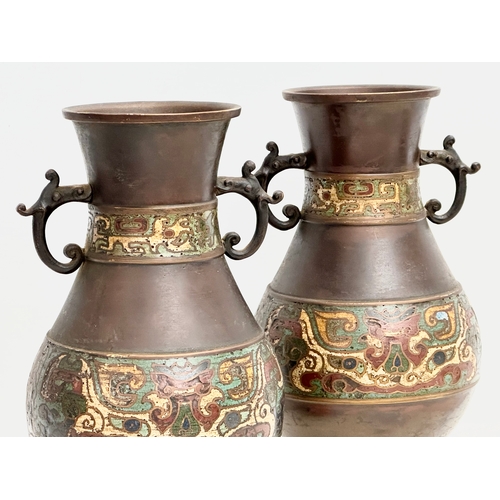 126 - A pair of good quality late 19th century Japanese late Meiji period bronze vases with cloisonné enam... 