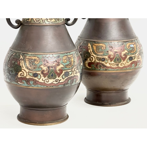 126 - A pair of good quality late 19th century Japanese late Meiji period bronze vases with cloisonné enam... 