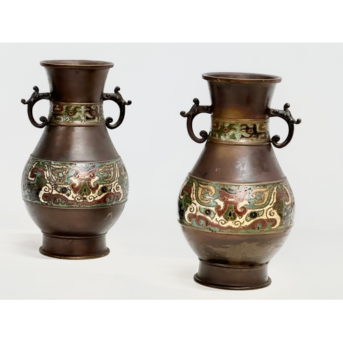 126 - A pair of good quality late 19th century Japanese late Meiji period bronze vases with cloisonné enam... 