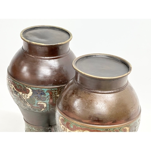 126 - A pair of good quality late 19th century Japanese late Meiji period bronze vases with cloisonné enam... 