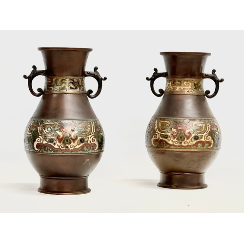 126 - A pair of good quality late 19th century Japanese late Meiji period bronze vases with cloisonné enam... 