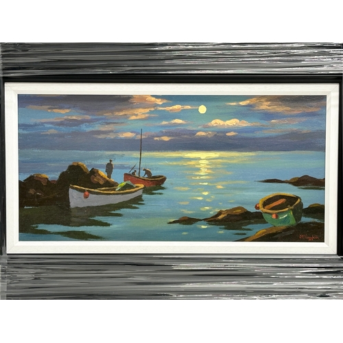 177 - An oil painting on board by Donal McNaughton. Coming Home from the Catch. In a new frame. 60.5x29cm.... 