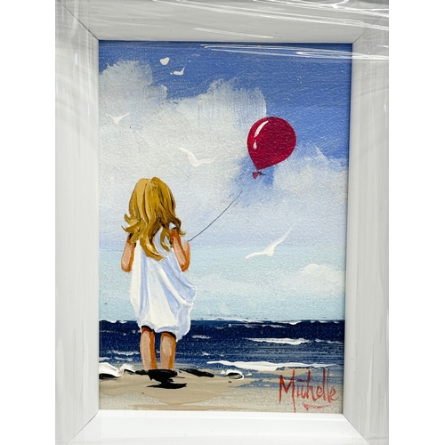 185 - An oil painting on board by Michelle Carlin. Girl with Balloon. In a new frame. 11x16.5cm. Frame 27x... 