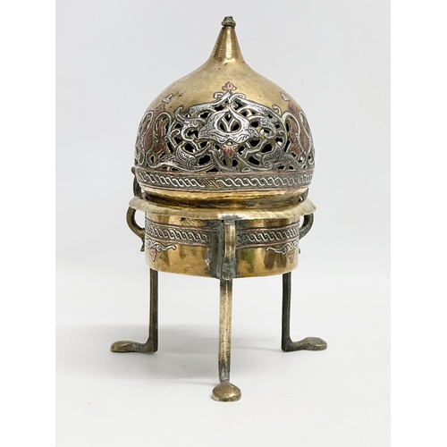 44 - A 19th century Cairo Ware silver and copper inlaid brass incense burner. With a pair of vintage Indi... 