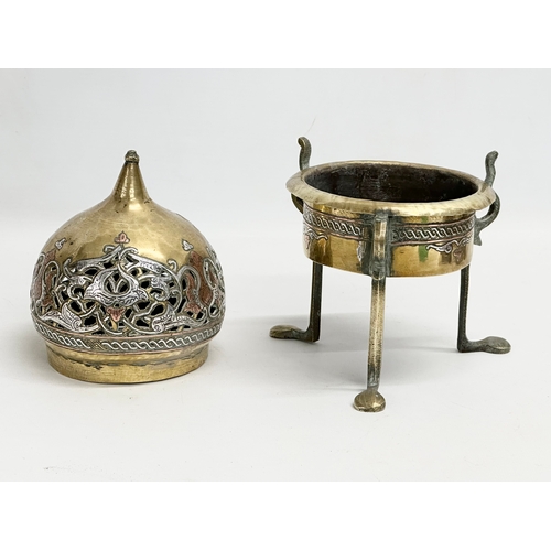 44 - A 19th century Cairo Ware silver and copper inlaid brass incense burner. With a pair of vintage Indi... 