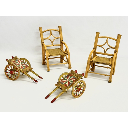 213 - A pair of vintage Chinese style dolls chairs 9x10x13cm. A pair of carnival flatbed horse carts 13cm