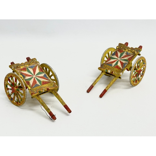 213 - A pair of vintage Chinese style dolls chairs 9x10x13cm. A pair of carnival flatbed horse carts 13cm