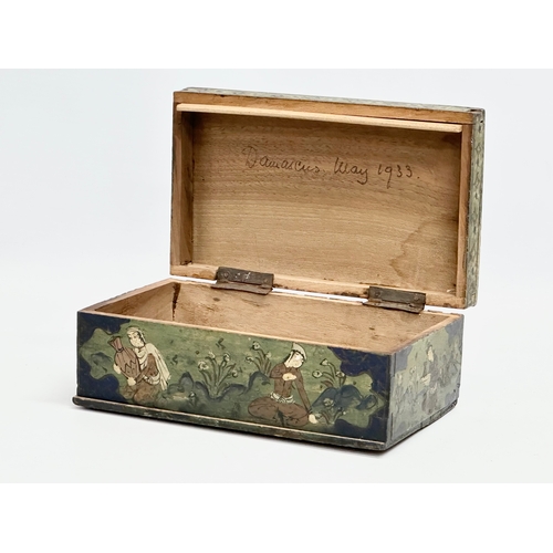 214 - An early 20th century Indian hand painted wooden tabletop storage box. 17.5x10.5x6.5cm