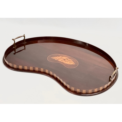 216 - An Edwardian inlaid mahogany kidney shaped tray. 58x40x6cm