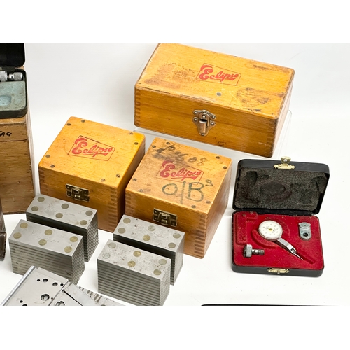 258 - A collection of vintage precision tools. Eclipse magnetic chuck blocks, micrometers etc.