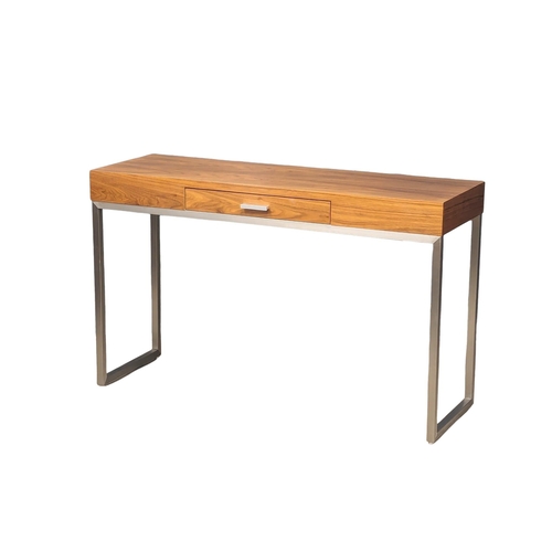 889 - A Mid Century style rosewood and chrome console table with drawer. 121x41x75cm