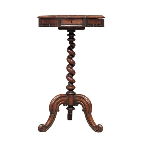 946 - A Victorian rosewood worktable with Barley Twist pedestal on Cabriole legs. 44x77cm