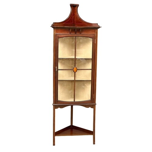 949 - An Edwardian inlaid mahogany corner display cabinet. 56.5x31x83cm